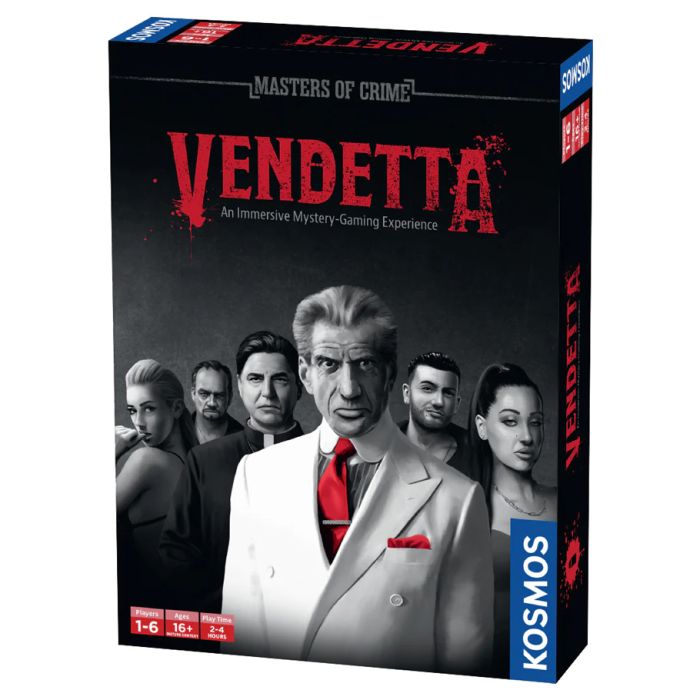 Masters of Crime: Vendetta - Masters of Crime Vendetta card game box featuring six characters in grayscale with a man in a white suit and red tie front.