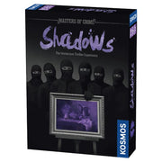 Masters of Crime: Shadows - Shadows card game featuring five masked figures holding a picture frame with a purple-toned mysterious scene inside.