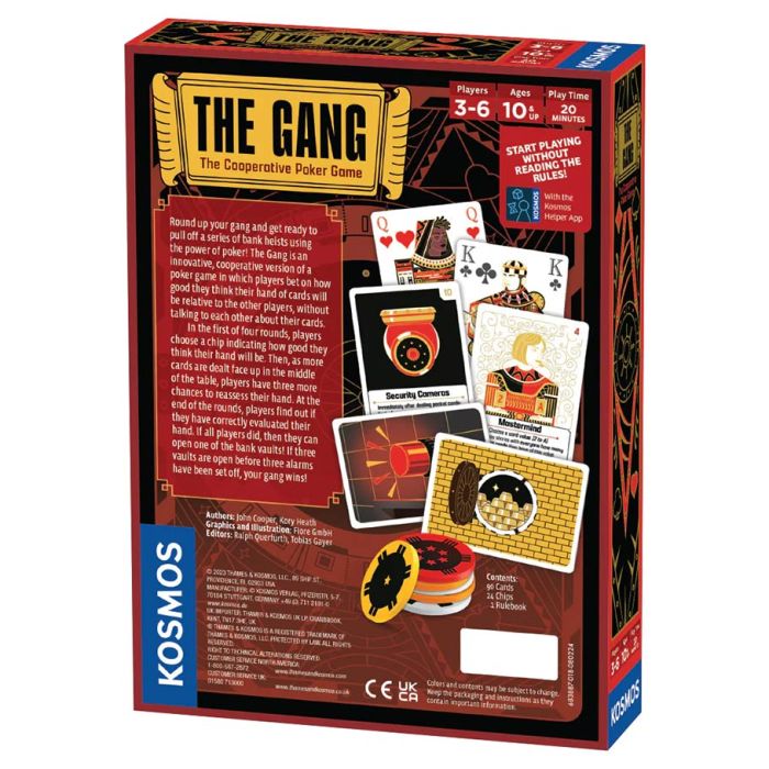 The Gang - The Gang cooperative poker game box showing playing cards, poker chips, and instructions on a dark red background.