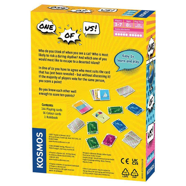 One of Us - Yellow rectangular box with colorful card illustrations and game instructions on the back of one of us party card game by.