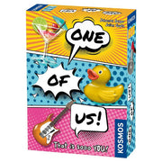 One of Us - Colorful game box with comic-style text bubbles saying "One of Us!" featuring a rubber duck, cocktail, and guitar.