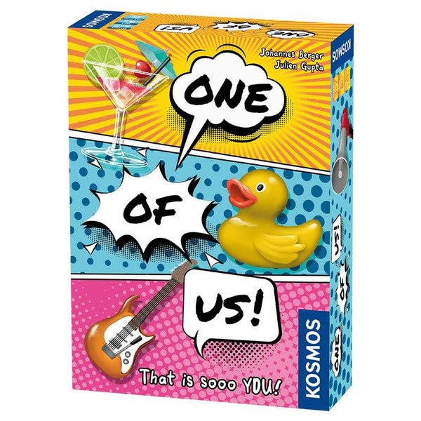 One of Us - Colorful game box with comic-style text bubbles saying "One of Us!" featuring a rubber duck, cocktail, and guitar.