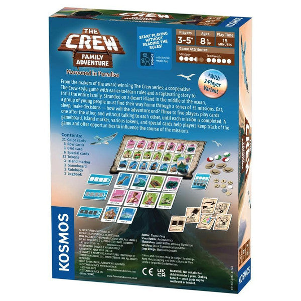 The Crew: Family Adventure: Marooned in Paradise - Board game box with tropical island artwork, game cards featuring colorful icons, and family adventure theme text.