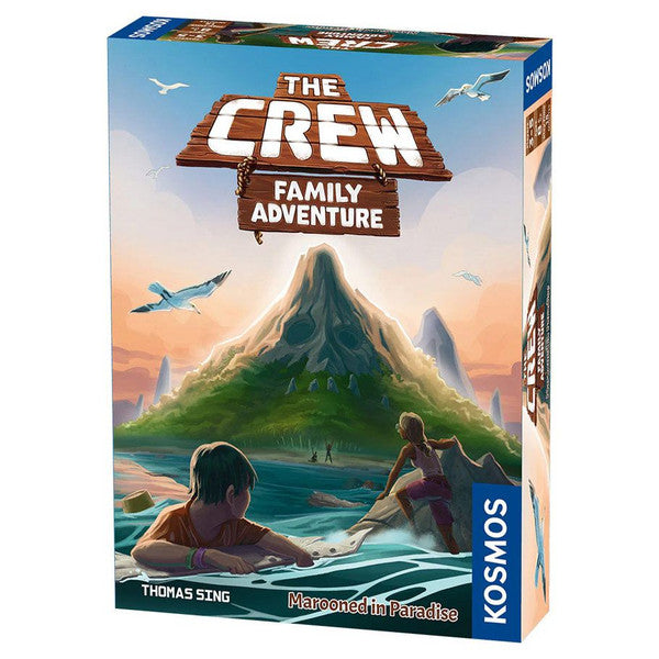 The Crew: Family Adventure: Marooned in Paradise - Family Adventure card game featuring an illustrated tropical island with a volcano, two children kayaking near shore, and a.