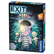 EXIT Kids: Midnight Spooktacular - EXIT Kids Midnight Spooktacular board game box with cartoon zombie and skeletons, blue and black spooky forest background,.