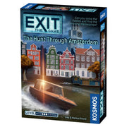 EXIT: The Hunt through Amsterdam - The Hunt Through Amsterdam board game box with canal boat and colorful Dutch buildings illustration.