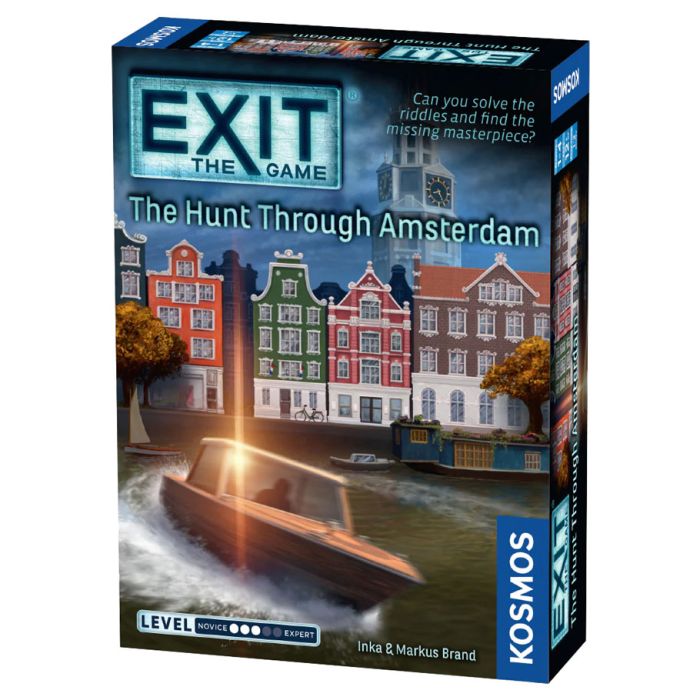 EXIT: The Hunt through Amsterdam - The Hunt Through Amsterdam board game box with canal boat and colorful Dutch buildings illustration.