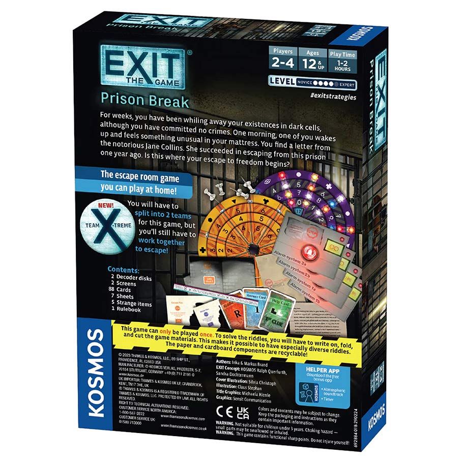 EXIT: Prison Break - EXIT Prison Break board game box with dark background, colorful game components, and instructional cards displayed.