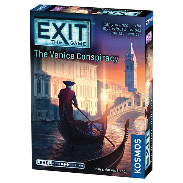 Exit The Game: The Venice Conspiracy - The Venice Conspiracy featuring a gondolier in red cloak on a canal with historic Venetian buildings bathed in sunset light.