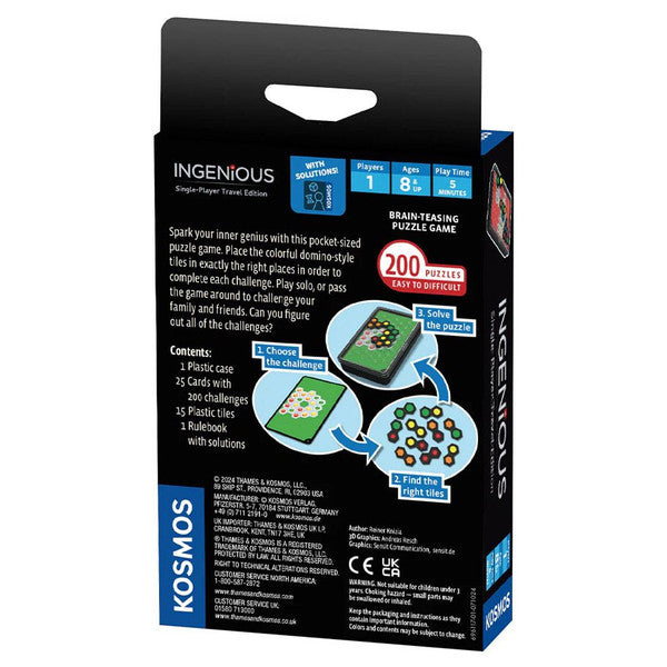 Ingenious: Single-Player Travel Edition - Black and blue rectangular box with hang tab, labeled Ingenious Single-Player Travel Edition, features game setup.