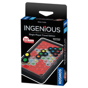 Ingenious: Single-Player Travel Edition - Compact black travel game box featuring a clear lid with a red hexagonal grid and colorful black, blue, and yellow pegs on a