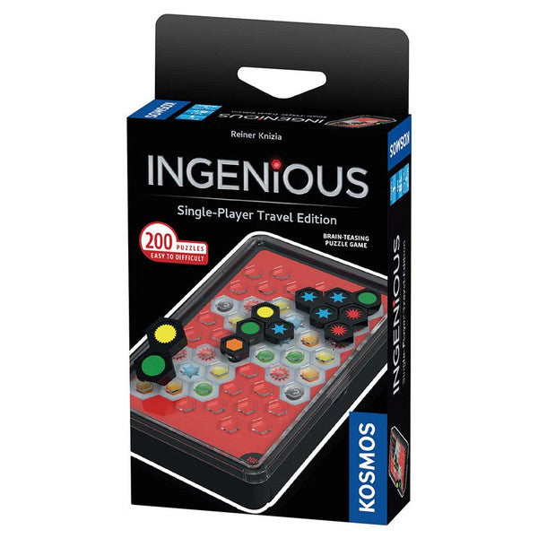 Ingenious: Single-Player Travel Edition - Compact black travel game box featuring a clear lid with a red hexagonal grid and colorful black, blue, and yellow pegs on a