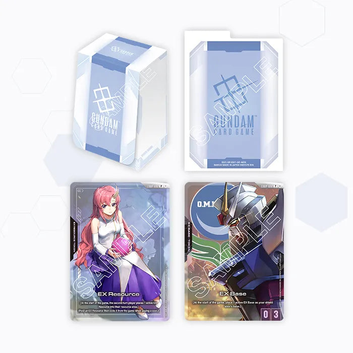 Gundam Card Game: Official Deck Case - White and light blue plastic card deck case with Gundam logo, shown open and closed, with two illustrated game cards.