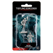 D&D Nolzur's Marvelous Miniatures: Male Tiefling Sorcerer - Unpainted resin male tiefling sorcerer miniature with horns, staff, and flowing robes in blister pack.