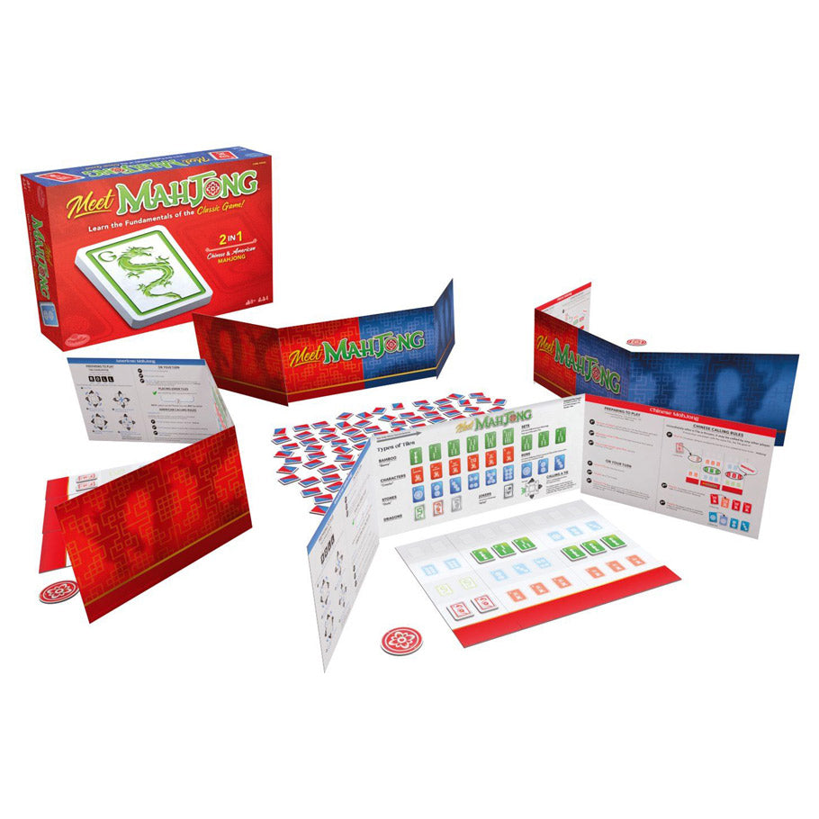 Meet Mahjong - Meet Mahjong classic board game set with red box, multicolored tiles, instruction booklets, and scorecards.