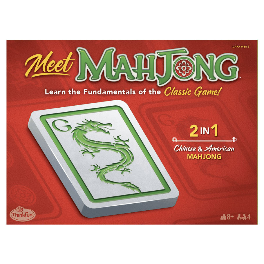 Meet Mahjong - Red rectangular box for Meet Mahjong game with green and white tile featuring a dragon design on the cover.
