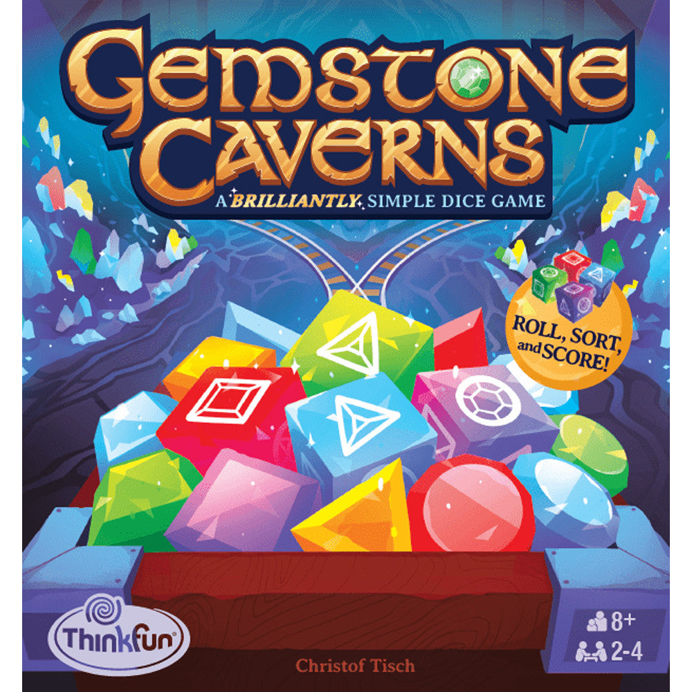 Gemstone Caverns - Colorful multi-shaped translucent dice and gems spill from a cavern entrance against a blue fantasy background.
