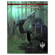 Castles & Crusades: Adventurers Armory - Dark-skinned warrior in green armor wielding a sword with glowing eyes in a misty forest background on a fantasy book cover.