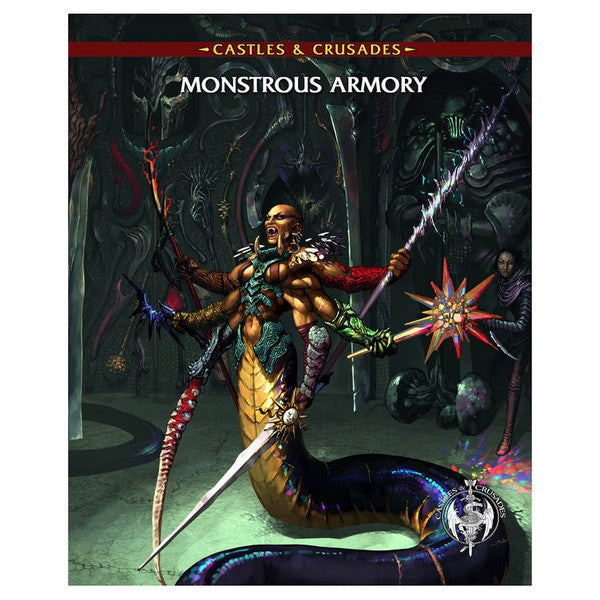 Castles & Crusades: Monstrous Armor - Dark fantasy book cover featuring a monstrous armored warrior with multiple arms wielding swords and a spiked mace, set.