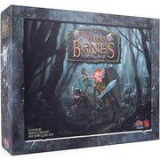 Too Many Bones - Dark-themed board game box with fantasy characters, featuring a warrior with a large sword and a hooded figure in a misty.