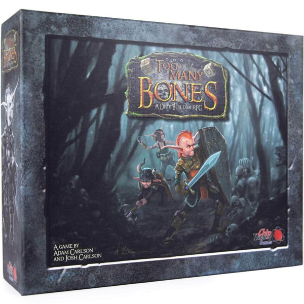 Too Many Bones - Dark-themed board game box with fantasy characters, featuring a warrior with a large sword and a hooded figure in a misty.