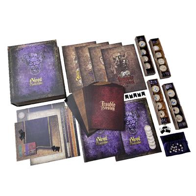 Blood on the Clocktower - Board game set with dark purple and brown themed cards, circular tokens in wooden trays, a purple box, and illustrated game.