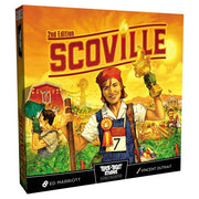 Scoville, 2E - Scoville 2nd Edition board game box with bright yellow and orange tones, featuring a smiling woman holding a trophy and.