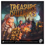 Treasure of the Dwarves - Board game cover featuring a detailed fantasy cave scene with dwarves mining gold and gems under warm, glowing light.