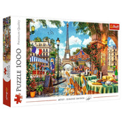 Parisian Morning 1000 Piece Puzzle - Colorful 1000-piece puzzle featuring a lively Paris street scene with the Eiffel Tower, café tables, and vibrant buildings.
