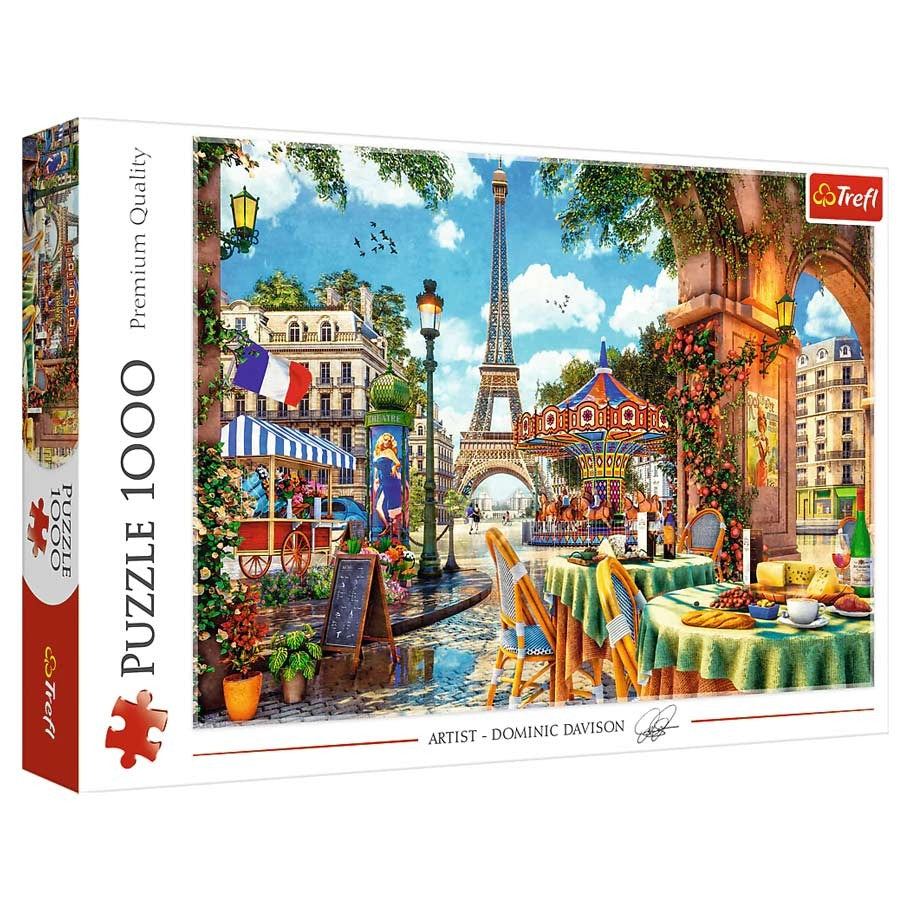 Parisian Morning 1000 Piece Puzzle - Colorful 1000-piece puzzle featuring a lively Paris street scene with the Eiffel Tower, café tables, and vibrant buildings.