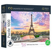 Romantic Eiffel Tower 1000 Piece Puzzle - 1000-piece puzzle featuring a colorful sunset view of the Eiffel Tower in Paris with vibrant pink and purple sky.