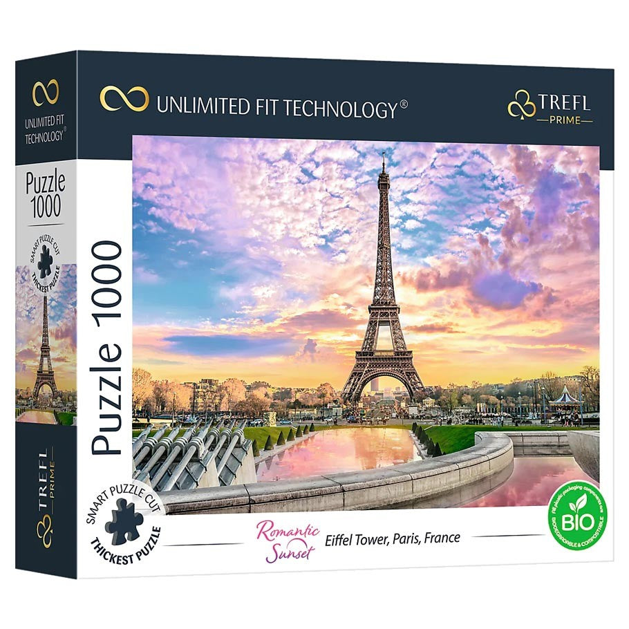 Romantic Eiffel Tower 1000 Piece Puzzle - 1000-piece puzzle featuring a colorful sunset view of the Eiffel Tower in Paris with vibrant pink and purple sky.