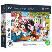 Puzzle: Cuteness Doggy Love 1000pc - 1000-piece puzzle box featuring colorful dogs of various breeds on a porch with flowers and cushions.