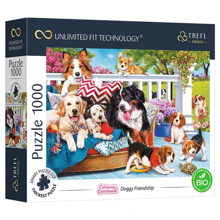 Puzzle: Cuteness Doggy Love 1000pc - 1000-piece puzzle box featuring colorful dogs of various breeds on a porch with flowers and cushions.
