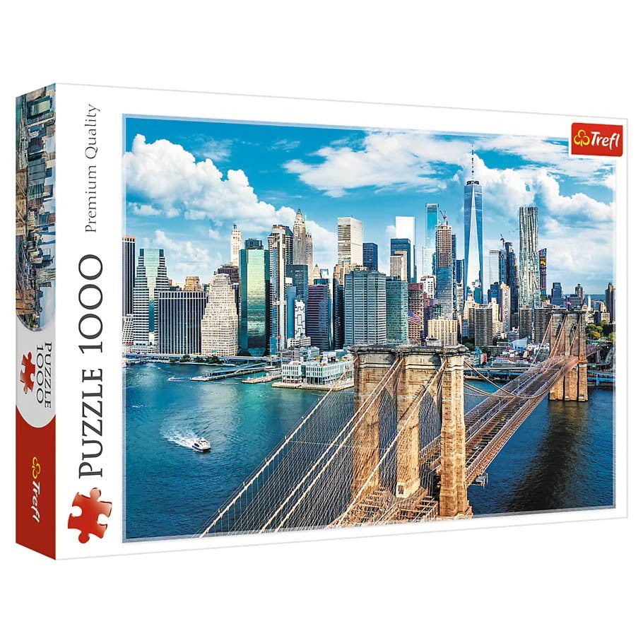 Brooklyn Bridge 1000 Piece Puzzle - 1000-piece puzzle featuring a detailed photo of Brooklyn Bridge and Manhattan skyline under a bright blue sky.