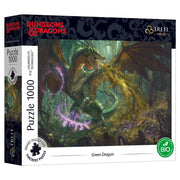 D&D Green Dragon 1000 Piece Puzzle - 1000-piece puzzle box featuring a detailed green dragon in a dark forest with glowing magical elements.