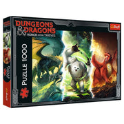 D&D Monsters of Faerûn 1000 Piece Puzzle - Dungeons & Dragons puzzle box featuring colorful fantasy creatures, 1000 pieces, black and red packaging.