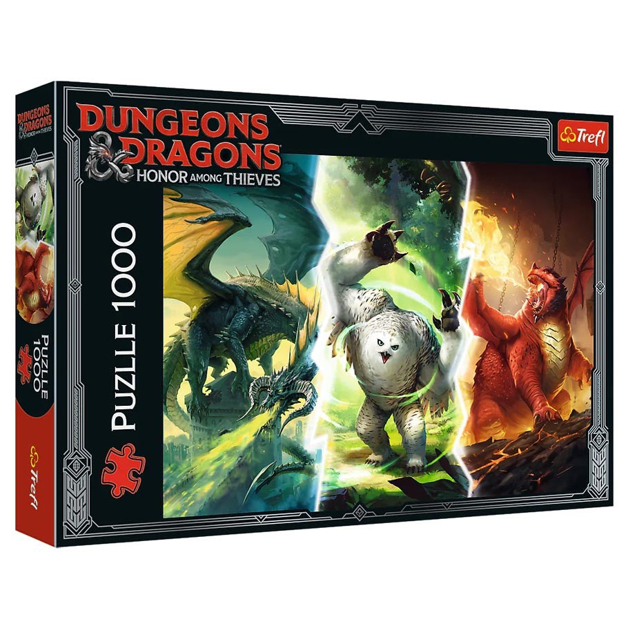 D&D Monsters of Faerûn 1000 Piece Puzzle - Dungeons & Dragons puzzle box featuring colorful fantasy creatures, 1000 pieces, black and red packaging.