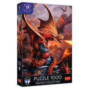 Puzzle: Anne Anne Stokes Fire Dragon 1000 Piece (Prime) - 1000-piece puzzle box featuring fiery red dragon perched on volcanic rocks amid smoky orange sky.