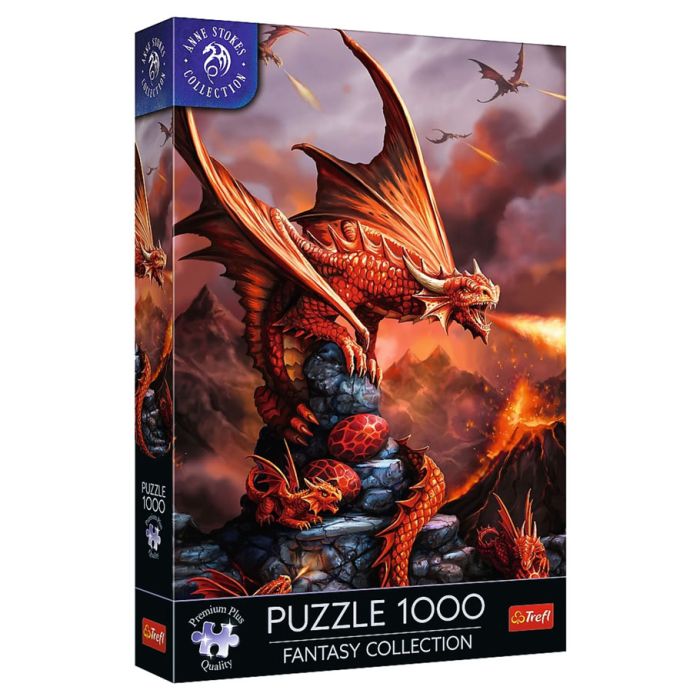 Puzzle: Anne Anne Stokes Fire Dragon 1000 Piece (Prime) - 1000-piece puzzle box featuring fiery red dragon perched on volcanic rocks amid smoky orange sky.