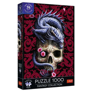 Puzzle: Anne Stokes Oriental Dragon 1000 Piece (Prime) - 1000-piece puzzle box featuring a dark blue oriental dragon curled around a decorated skull with pink flowers on a deep red.