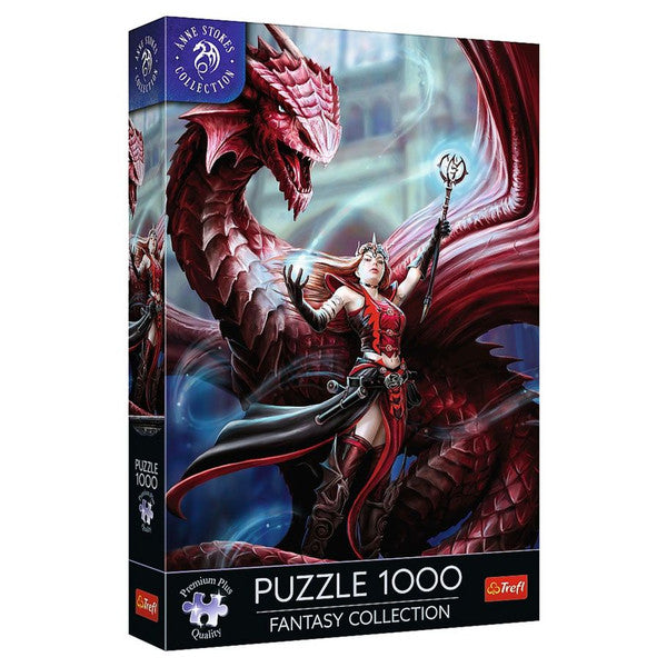 Puzzle: Anne Stokes Scarlet Mage 1000 Piece - 1000-piece puzzle box featuring fantasy art of a red dragon and a female mage in armor holding a staff.