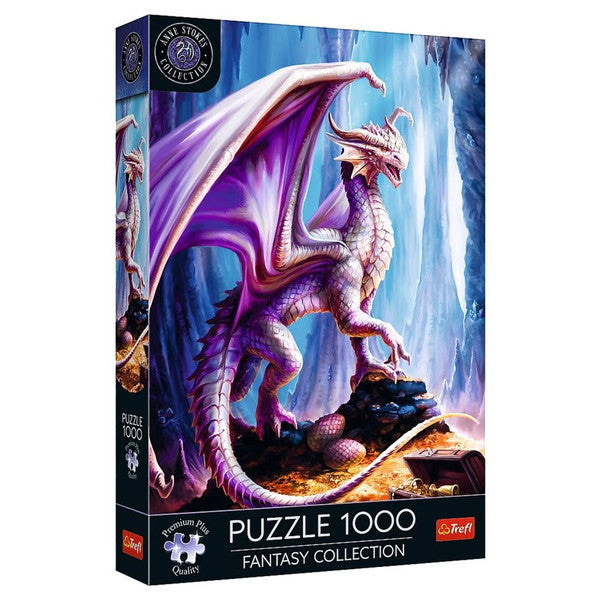 Puzzle: Anne Stokes Treasure Trove 1000 Piece - 1000-piece jigsaw puzzle featuring a purple and white dragon perched on rocks in a fantasy landscape.