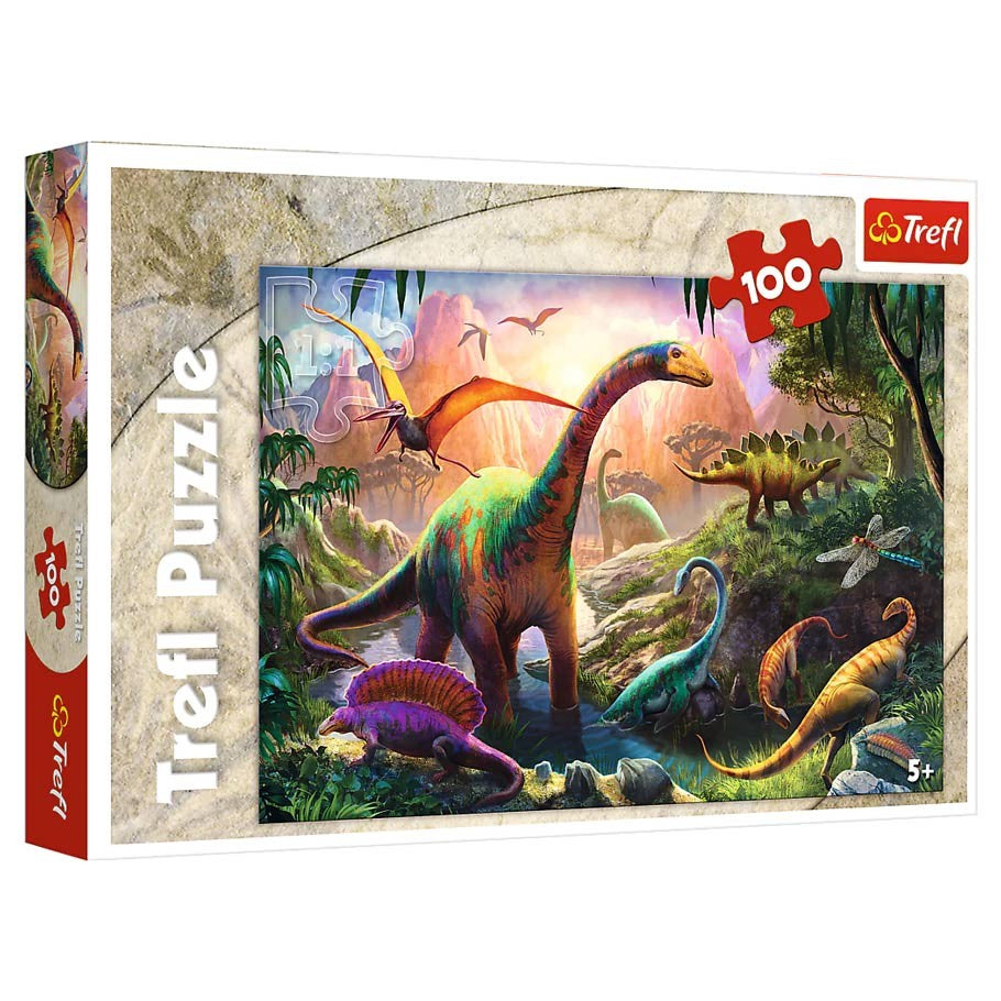 Dinosaurs' Land 100 Piece Puzzle - Colorful 100-piece puzzle featuring various dinosaurs in a prehistoric landscape with volcano and lush greenery.