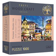 French Alley 1000 Piece Woodcraft Puzzle - 1000-piece wooden puzzle box featuring a vibrant Parisian street scene with colorful buildings and the Eiffel Tower in the.