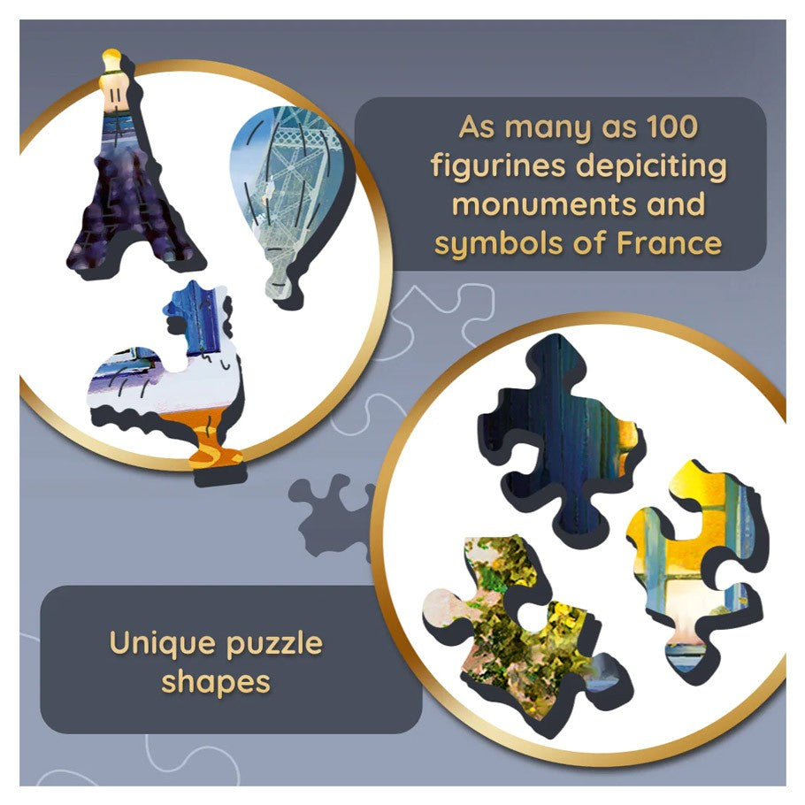 French Alley 1000 Piece Woodcraft Puzzle - French Alley 1000 piece woodcraft puzzle with unique shaped pieces and colorful illustrations of French monuments and.