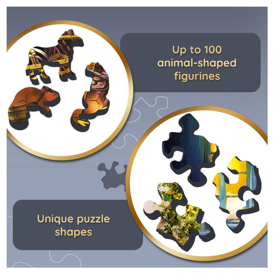 Magical Chamber 1000 Piece Woodcraft Puzzle - Wooden 1000-piece puzzle with animal-shaped and uniquely shaped pieces in colorful fantasy design.