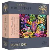 Colorful Cat 1000 Piece Woodcraft Puzzle - Colorful cat face puzzle with vibrant neon patterns on wood, 1000 pieces in dark gray box.