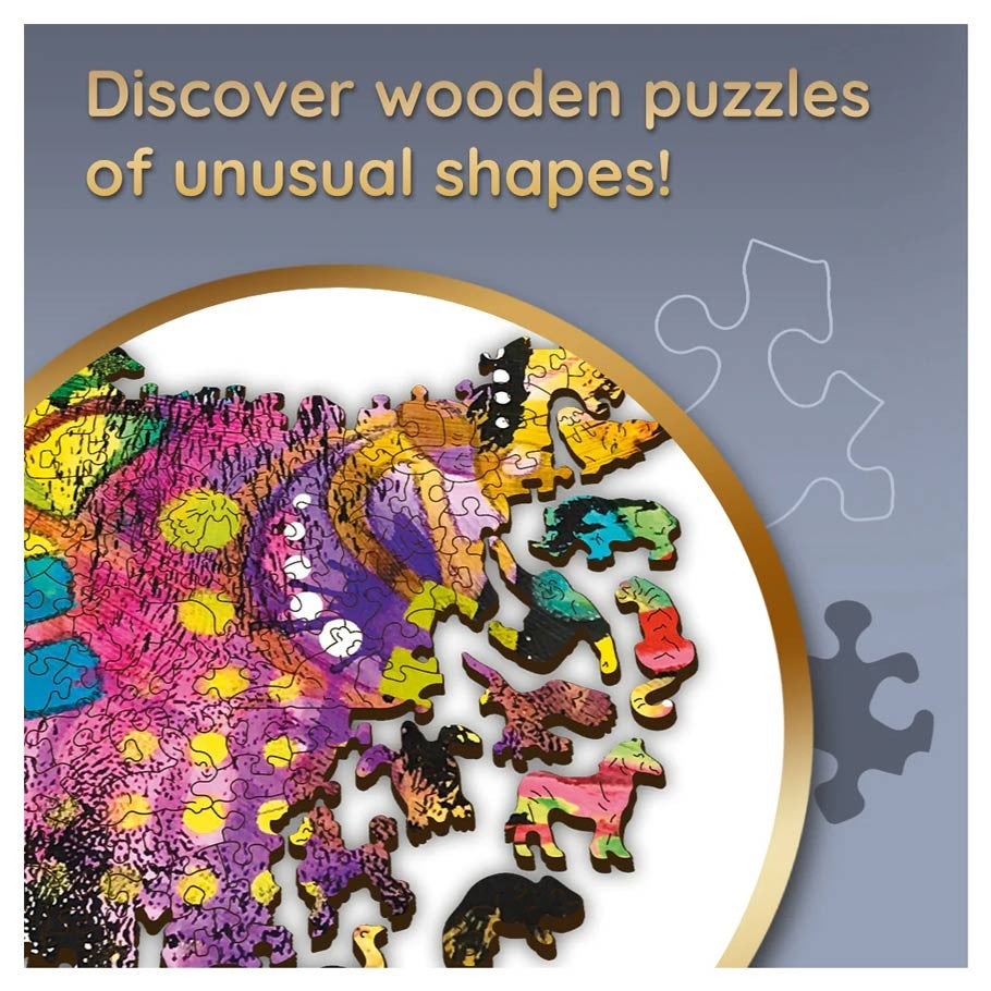 Colorful Cat 1000 Piece Woodcraft Puzzle - Colorful wooden puzzle pieces shaped like cats, dogs, and other animals, vibrant and interlocking.