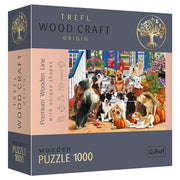 Doggy Friendship 1000 Piece Woodcraft Puzzle - Trefl 1000-piece wooden puzzle featuring a colorful garden scene with various dog breeds gathered together.
